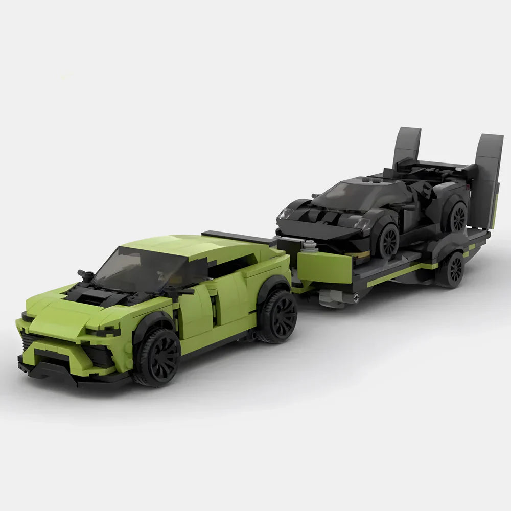 Lamborghini Urus & Trailer brick model - front angle view - TheBrickTube