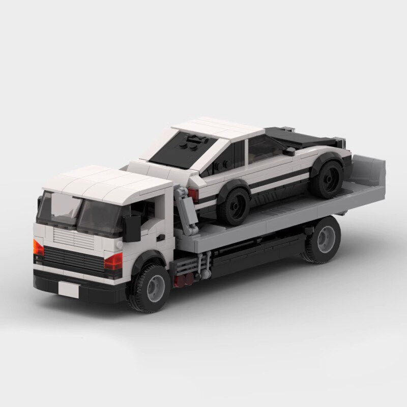 Flatbed Trailer with Toyota AE86 brick model - front angle view - TheBrickTube