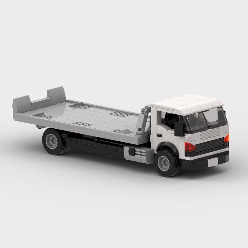 Flatbed Trailer with Toyota AE86 brick model - side profile view - TheBrickTube