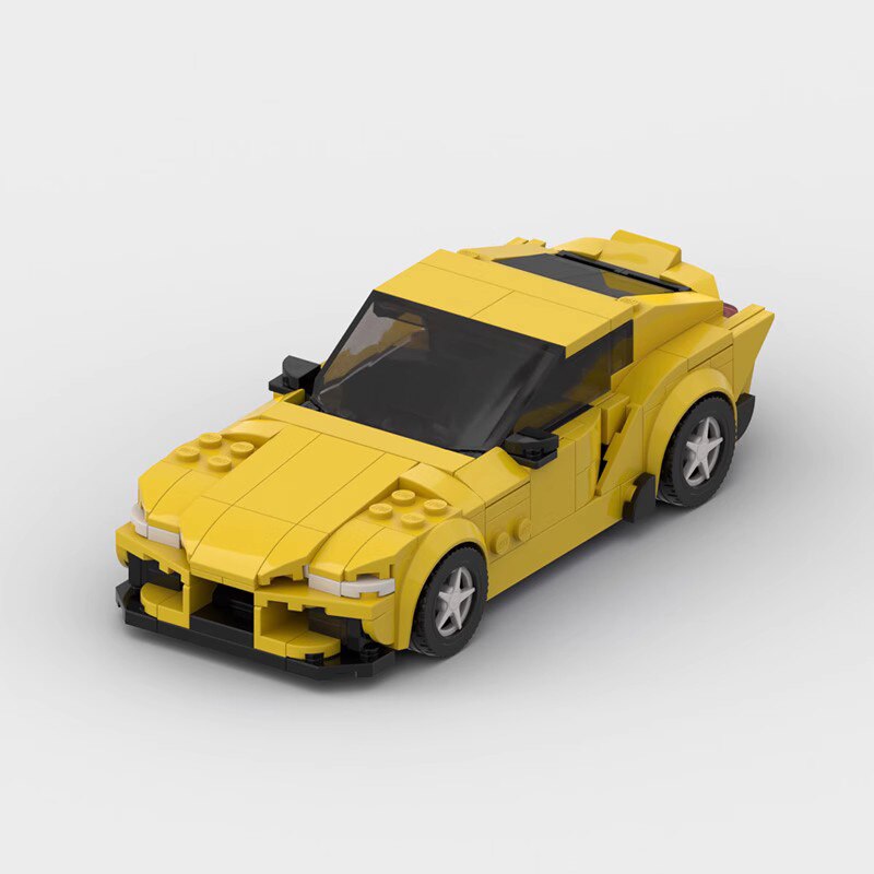 Toyota Supra GR|Yellow brick model - front angle view - TheBrickTube