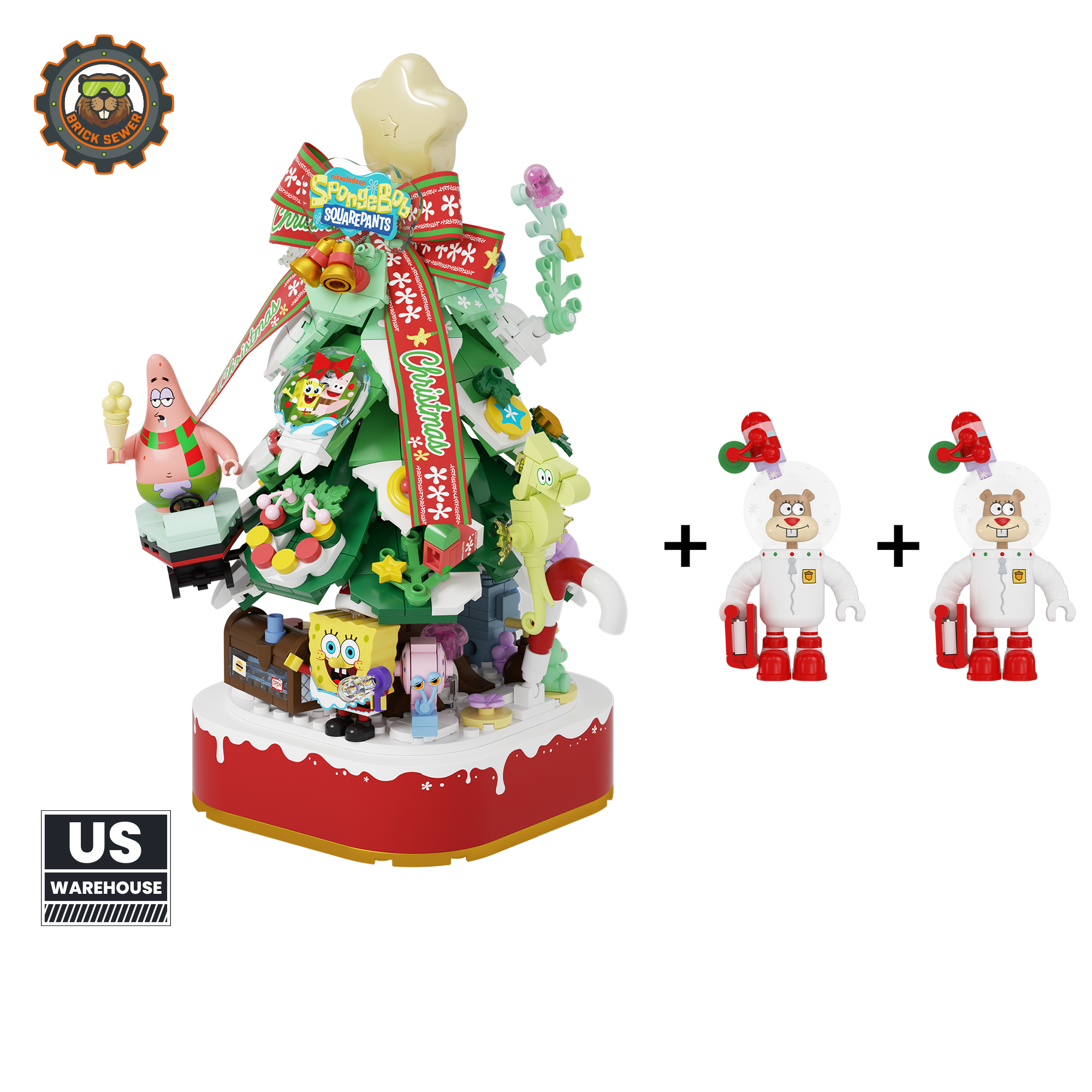 SpongeBob Christmas Tree + 2 Sandy Christmas Ornament - Main Image | TheBrickTube